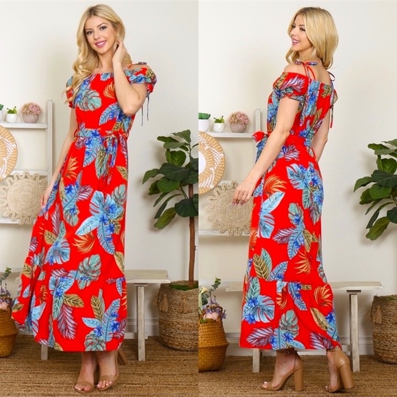 Dresses & Skirts - NEW ON TREND WOMENS ARRIVAL RED LEAF PRINT OFF SHOULDER COLD SHOULDER MAXI DRESS